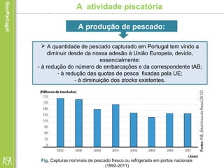 A atividade piscatória
 A quantidade de pescado capturado em Portugal tem vindo a
diminuir desde da nossa adesão à União Europeia, devido,
essencialmente:
- à redução do número de embarcações e da correspondente tAB;
- à redução das quotas de pesca fixadas pela UE;
- à diminuição dos stocks existentes.
A produção de pescado:
Fig. Capturas nominais de pescado fresco ou refrigerado em portos nacionais
(1992-2011)
 