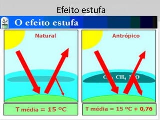 Efeito estufa
• É um fenômeno no qual os gases da atmosfera
  absorvem o calor dos raios solares, “controlando”
  a temperatura ambiental da Terra.
• A poluição atmosférica aumenta a quantidade
  dos gases, causando um aumento da temperatura
  da Terra, além da modificação de alguns
  fenômenos meteorológicos.
 
