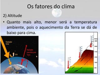 Os fatores do clima
2) Altitude
• Quanto mais alto, menor será a temperatura
  ambiente, pois o aquecimento da Terra se dá...