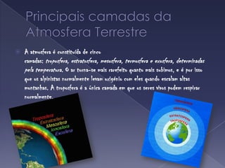 Principais camadas da Atmosfera TerrestreA atmosfera é constituída de cinco camadas: troposfera, estratosfera, mesosfera, termosfera e exosfera, determinadas pela temperatura. O ar torna-se mais rarefeito quanto mais subimos, e é por isso que os alpinistas normalmente levam oxigénio com eles quando escalam altas montanhas. A troposfera é a única camada em que os seres vivos podem respirar normalmente.