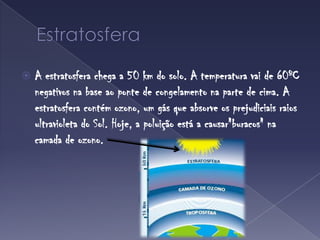 EstratosferaA estratosfera chega a 50 km do solo. A temperatura vai de 60ºC negativos na base ao ponte de congelamento na parte de cima. A estratosfera contém ozono, um gás que absorve os prejudiciais raios ultravioleta do Sol. Hoje, a poluição está a causar"buracos" na camada de ozono.