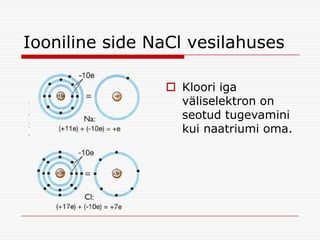 Iooniline side NaCl vesilahuses
 Kloori iga
väliselektron on
seotud tugevamini
kui naatriumi oma.

 