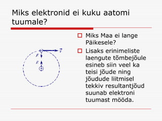 Miks elektronid ei kuku aatomi
tuumale?
 Miks Maa ei lange
Päikesele?
 Lisaks erinimeliste
laengute tõmbejõule
esineb siin veel ka
teisi jõude ning
jõudude liitmisel
tekkiv resultantjõud
suunab elektroni
tuumast mööda.

 