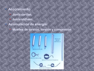 Acoplamiento: Junta cardan. Junta oldham. Acumulación de energía: Muelles de torsión, torsión y compresión  