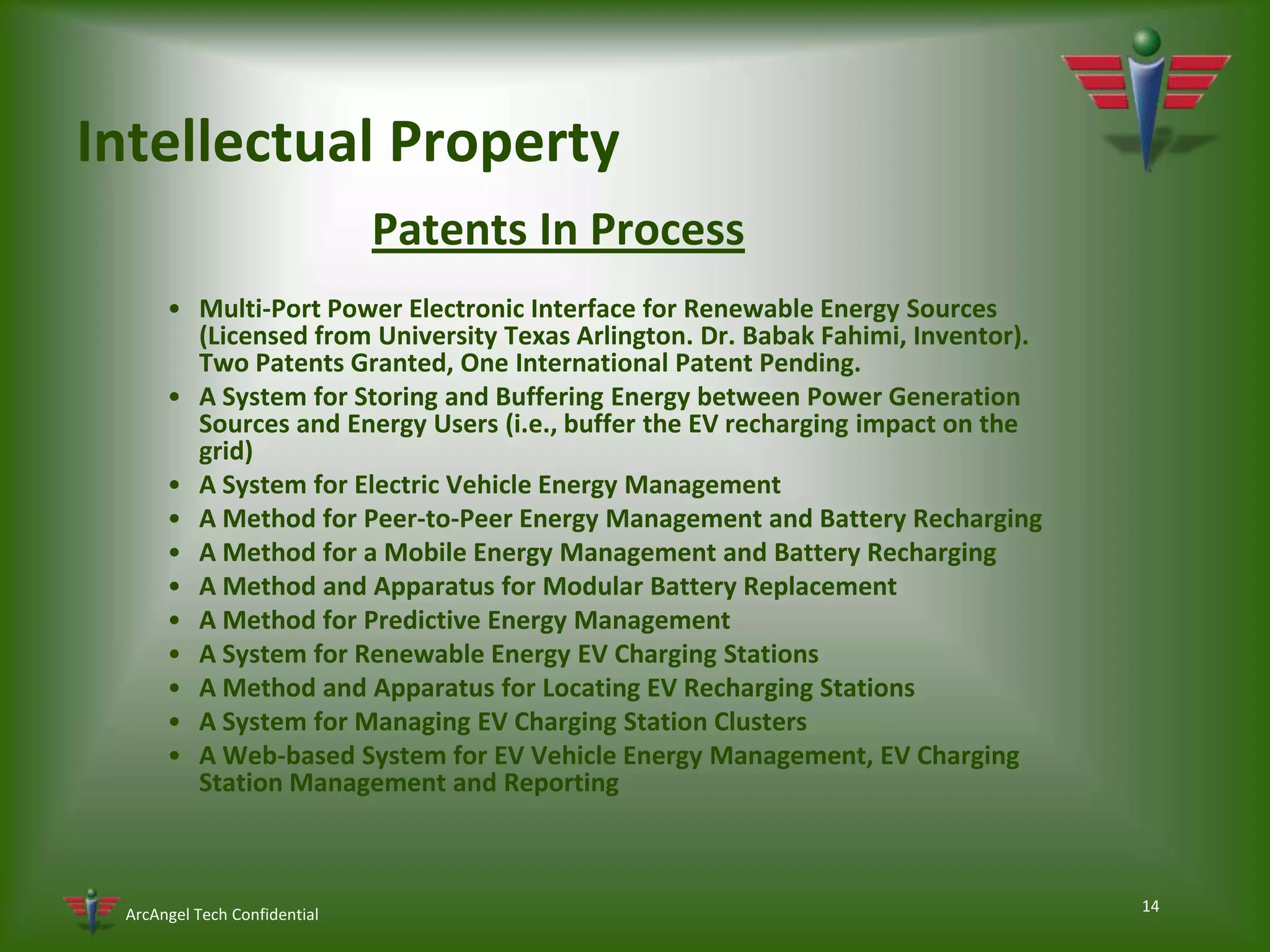 11ArcAngel Intelligent Power Controller (AIPC™) Roll-Out4+ years of extensive R&DThe AIPC has completed its final lab testing requirements and will begin live field Beta test trials in late Q1 of 2010.Q1 Field testing trial markets studies are as follows:Information technologyOil and gas productionFood service / retailTelecommunicationsSmall to medium commercial office propertiesTrial results will produce undeniable ROI performance data.Consumers will be able to easily project their own ROI based upon the benchmark data gathered during the live field trials.Outsourced Production and Supply – Local 3rd party production and inventory management of the AIPC has been established and can ramp up production rapidly to meet demand.