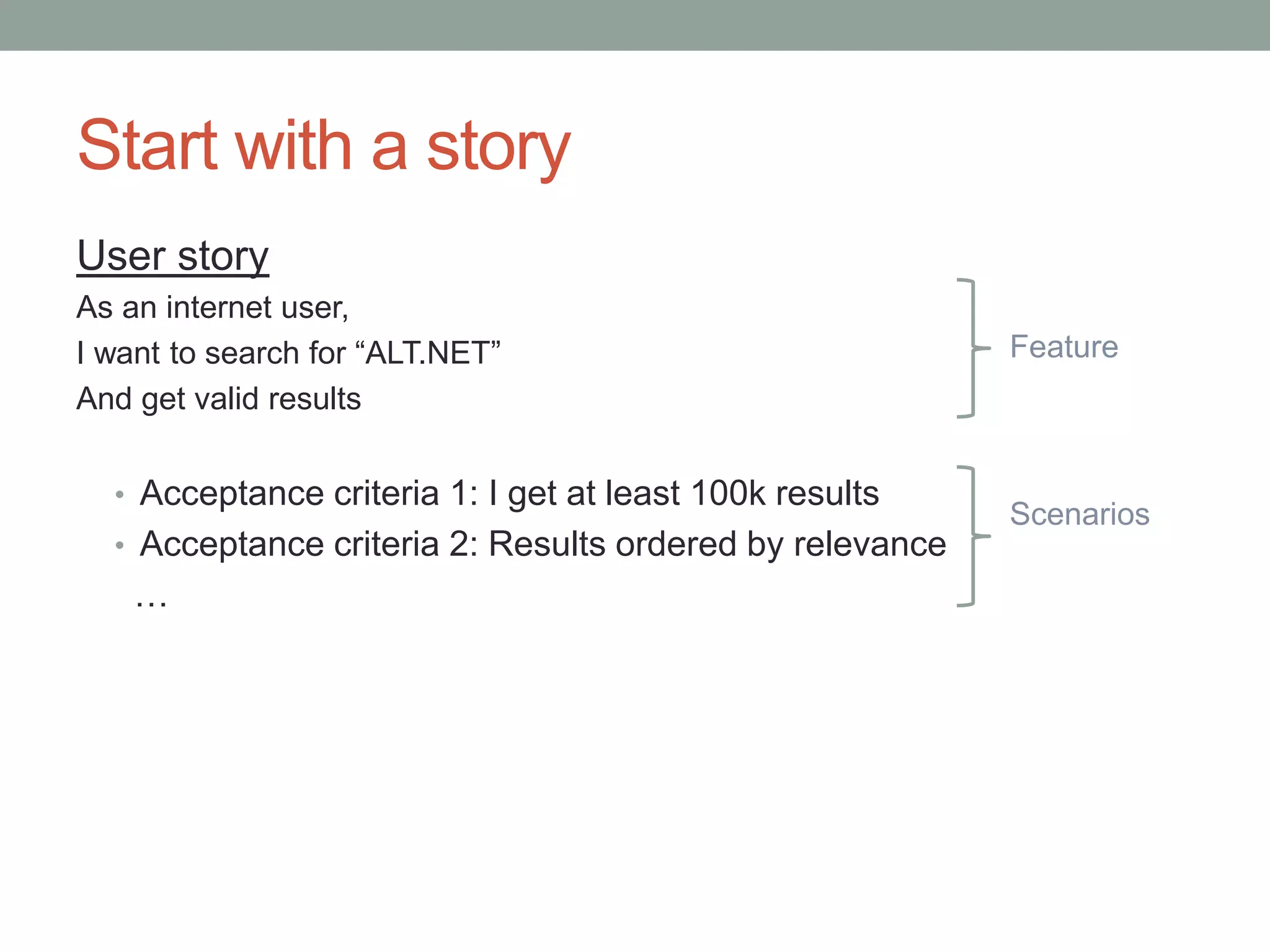 Start with a story User story As an internet user, I want to search for “ALT.NET” And get valid results • Acceptance criteria 1: I get at least 100k results • Acceptance criteria 2: Results ordered by relevance … Scenarios Feature 