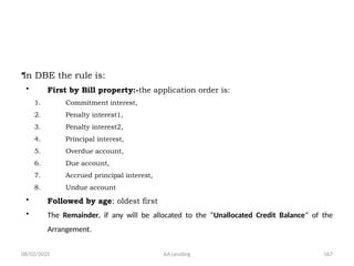 08/02/2025 AA Lending 167
•In DBE the rule is:
• First by Bill property:-the application order is:
1. Commitment interest,
2. Penalty interest1,
3. Penalty interest2,
4. Principal interest,
5. Overdue account,
6. Due account,
7. Accrued principal interest,
8. Undue account
• Followed by age: oldest first
• The Remainder, if any will be allocated to the “Unallocated Credit Balance” of the
Arrangement.
 