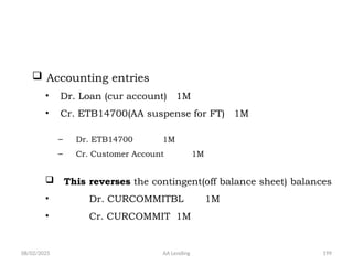 08/02/2025 AA Lending 199
 Accounting entries
• Dr. Loan (cur account) 1M
• Cr. ETB14700(AA suspense for FT) 1M
– Dr. ETB14700 1M
– Cr. Customer Account 1M
 This reverses the contingent(off balance sheet) balances
• Dr. CURCOMMITBL 1M
• Cr. CURCOMMIT 1M
 