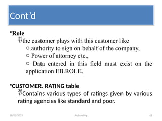 08/02/2025 AA Lending 61
•Role
the customer plays with this customer like
o authority to sign on behalf of the company,
o Power of attorney etc.,
o Data entered in this field must exist on the
application EB.ROLE.
•CUSTOMER. RATING table
Contains various types of ratings given by various
rating agencies like standard and poor.
Cont’d
 