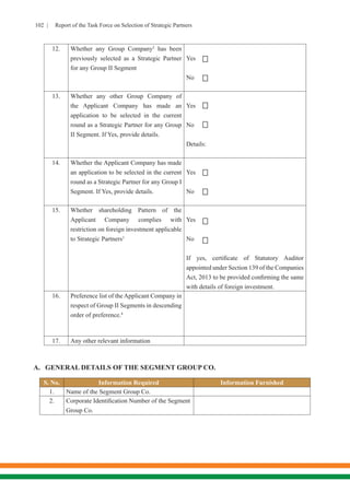 102 | Report of the Task Force on Selection of Strategic Partners
12. Whether any Group Company2
has been
previously selected as a Strategic Partner
for any Group II Segment
Yes
No
13. Whether any other Group Company of
the Applicant Company has made an
application to be selected in the current
round as a Strategic Partner for any Group
II Segment. If Yes, provide details.
Yes
No
Details:
14. Whether the Applicant Company has made
an application to be selected in the current
round as a Strategic Partner for any Group I
Segment. If Yes, provide details.
Yes
No
15. Whether shareholding Pattern of the
Applicant Company complies with
restriction on foreign investment applicable
to Strategic Partners3
	
Yes
No
If yes, certificate of Statutory Auditor
appointed under Section 139 of the Companies
Act, 2013 to be provided confirming the same
with details of foreign investment.
16. Preference list of the Applicant Company in
respect of Group II Segments in descending
order of preference.4
17. Any other relevant information
A.	 GENERAL DETAILS OF THE SEGMENT GROUP CO.
S. No. Information Required Information Furnished
1. Name of the Segment Group Co.
2. Corporate Identification Number of the Segment
Group Co.








 