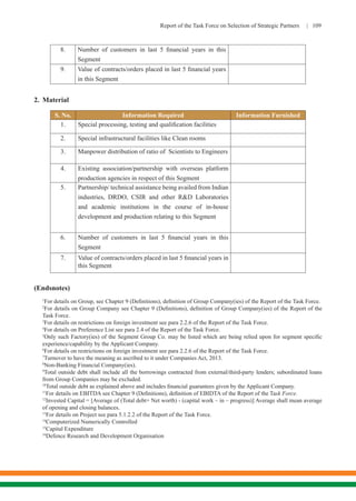 Report of the Task Force on Selection of Strategic Partners | 109
8. Number of customers in last 5 financial years in this
Segment
9. Value of contracts/orders placed in last 5 financial years
in this Segment
2.	Material
S. No. Information Required Information Furnished
1. Special processing, testing and qualification facilities
2. Special infrastructural facilities like Clean rooms
3. Manpower distribution of ratio of Scientists to Engineers
4. Existing association/partnership with overseas platform
production agencies in respect of this Segment
5. Partnership/ technical assistance being availed from Indian
industries, DRDO, CSIR and other R&D Laboratories
and academic institutions in the course of in-house
development and production relating to this Segment
6. Number of customers in last 5 financial years in this
Segment
7. Value of contracts/orders placed in last 5 financial years in
this Segment
(Endsnotes)
1
For details on Group, see Chapter 9 (Definitions), definition of Group Company(ies) of the Report of the Task Force.
2
For details on Group Company see Chapter 9 (Definitions), definition of Group Company(ies) of the Report of the
Task Force.
3
For details on restrictions on foreign investment see para 2.2.6 of the Report of the Task Force.
4
For details on Preference List see para 2.4 of the Report of the Task Force.
5
Only such Factory(ies) of the Segment Group Co. may be listed which are being relied upon for segment specific
experience/capability by the Applicant Company.
6
For details on restrictions on foreign investment see para 2.2.6 of the Report of the Task Force.
7
Turnover to have the meaning as ascribed to it under Companies Act, 2013.
8
Non-Banking Financial Company(ies).
9
Total outside debt shall include all the borrowings contracted from external/third-party lenders; subordinated loans
from Group Companies may be excluded.
10
Total outside debt as explained above and includes financial guarantees given by the Applicant Company.
11
For details on EBITDA see Chapter 9 (Definitions), definition of EBIDTA of the Report of the Task Force.
12
Invested Capital = [Average of (Total debt+ Net worth) - (capital work – in – progress)] Average shall mean average
of opening and closing balances.
13
For details on Project see para 5.1.2.2 of the Report of the Task Force.
14
Computerized Numerically Controlled
15
Capital Expenditure
16
Defence Research and Development Organisation
 