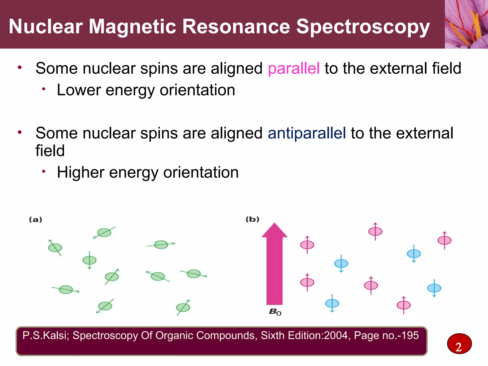 • Some nuclear spins are aligned parallel to the external field
• Lower energy orientation
• Some nuclear spins are aligned antiparallel to the external
field
• Higher energy orientation
Nuclear Magnetic Resonance Spectroscopy
P.S.Kalsi; Spectroscopy Of Organic Compounds, Sixth Edition:2004, Page no.-195
2
 