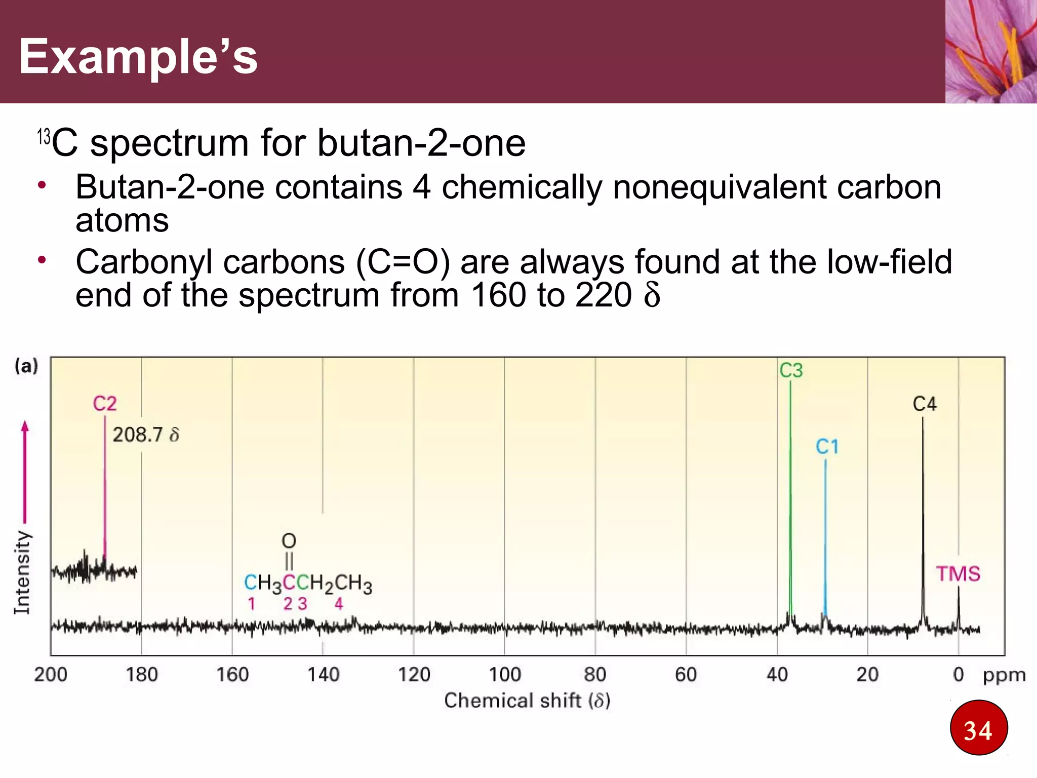 13
C spectrum for butan-2-one
• Butan-2-one contains 4 chemically nonequivalent carbon
atoms
• Carbonyl carbons (C=O) are always found at the low-field
end of the spectrum from 160 to 220 δ
Example’s
34
 