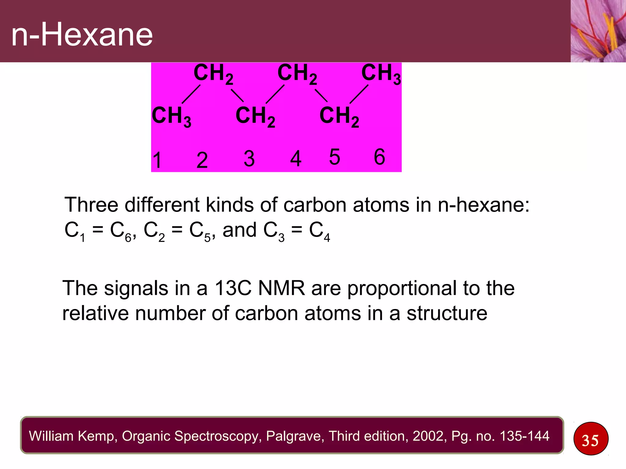 n-Hexane
CH3
CH2
CH2
CH2
CH2
CH3
1 2 3 4 5 6
Three different kinds of carbon atoms in n-hexane:
C1 = C6, C2 = C5, and C3 = C4
The signals in a 13C NMR are proportional to the
relative number of carbon atoms in a structure
35William Kemp, Organic Spectroscopy, Palgrave, Third edition, 2002, Pg. no. 135-144
 