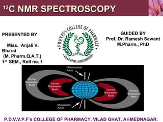 1313
C NMR SPECTROSCOPYC NMR SPECTROSCOPY
PRESENTED BY
Miss. Anjali V.
Bharat
(M. Pharm.Q.A.T.)
1st
SEM., Roll no. 1
GUIDED BY
Prof. Dr. Ramesh Sawant
M.Pharm., PhD
P.D.V.V.P.F’s COLLEGE OF PHARMACY, VILAD GHAT, AHMEDNAGAR.
 