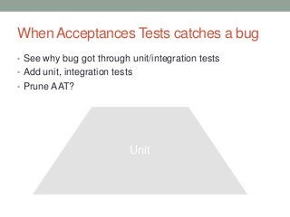 When Acceptances Tests catches a bug
• See why bug got through unit/integration tests
• Add unit, integration tests
• Prune AAT?
Unit
 