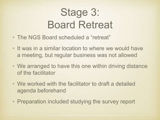Stage 3: 
Board Retreat 
• The NGS Board scheduled a “retreat” 
• It was in a similar location to where we would have 
a m...