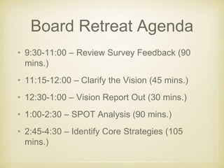 Board Retreat Agenda 
• 9:30-11:00 – Review Survey Feedback (90 
mins.) 
• 11:15-12:00 – Clarify the Vision (45 mins.) 
• ...