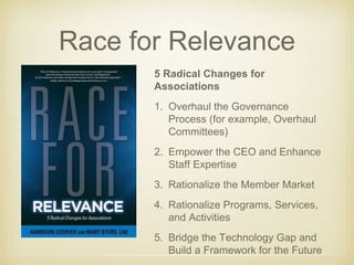 Race for Relevance 
5 Radical Changes for 
Associations 
1. Overhaul the Governance 
Process (for example, Overhaul 
Commi...