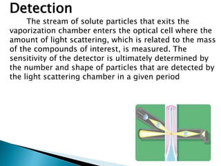 Detection
The stream of solute particles that exits the
vaporization chamber enters the optical cell where the
amount of light scattering, which is related to the mass
of the compounds of interest, is measured. The
sensitivity of the detector is ultimately determined by
the number and shape of particles that are detected by
the light scattering chamber in a given period
 