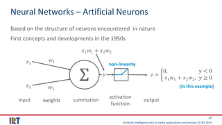 Artificial Intelligence (AI) in media applications and services © IRT 2019
17
Neural Networks – Artificial Neurons
Based on the structure of neurons encountered in nature
First concepts and developments in the 1950s
Σ
summation
𝑥1
𝑥2
𝑤1
𝑤2
input weights
activation
function
output
non-linearity
𝑧 = ቊ
0, 𝑦 < 0
𝑥1 𝑤1 + 𝑥2 𝑤2, 𝑦 ≥ 0
𝑦
𝑥1 𝑤1 + 𝑥2 𝑤2
(in this example)
 
