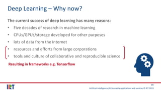 Artificial Intelligence (AI) in media applications and services © IRT 2019
21
Deep Learning – Why now?
The current success of deep learning has many reasons:
• Five decades of research in machine learning
• CPUs/GPUs/storage developed for other purposes
• lots of data from the Internet
• resources and efforts from large corporations
• tools and culture of collaborative and reproducible science
Resulting in frameworks e.g. Tensorflow
 