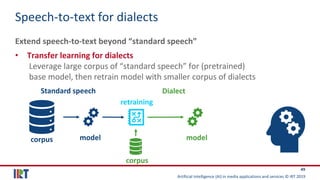 Artificial Intelligence (AI) in media applications and services © IRT 2019
49
Speech-to-text for dialects
Extend speech-to-text beyond “standard speech”
• Transfer learning for dialects
Leverage large corpus of “standard speech” for (pretrained)
base model, then retrain model with smaller corpus of dialects
corpus model
Standard speech
model
Dialect
corpus
retraining
 