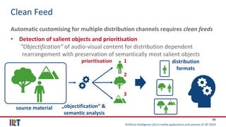 Artificial Intelligence (AI) in media applications and services © IRT 2019
50
Clean Feed
Automatic customising for multiple distribution channels requires clean feeds
• Detection of salient objects and prioritisation
“Objectification” of audio-visual content for distribution dependent
rearrangement with preservation of semantically most salient objects
„objectification“ &
semantic analysis
source material
1
2
3
prioritisation distribution
formats
 