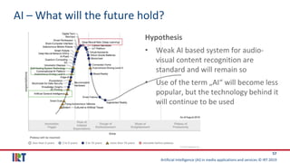 Artificial Intelligence (AI) in media applications and services © IRT 2019
57
AI – What will the future hold?
Hypothesis
• Weak AI based system for audio-
visual content recognition are
standard and will remain so
• Use of the term „AI“ will become less
popular, but the technology behind it
will continue to be used
 