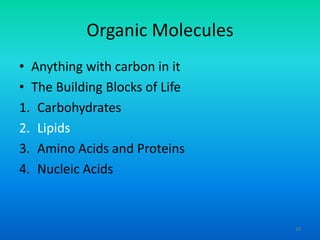 Organic Molecules
• Anything with carbon in it
• The Building Blocks of Life
1. Carbohydrates
2. Lipids
3. Amino Acids and Proteins
4. Nucleic Acids

10

 