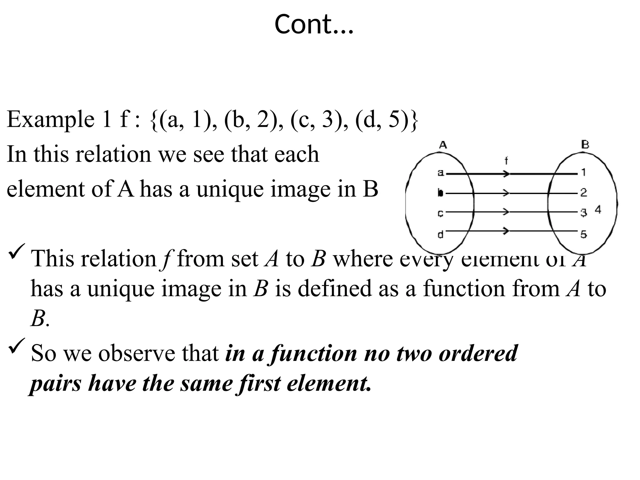 Cont...
Example 1 f : {(a, 1), (b, 2), (c, 3), (d, 5)}
In this relation we see that each
element of A has a unique image in B
This relation f from set A to B where every element of A
has a unique image in B is defined as a function from A to
B.
So we observe that in a function no two ordered
pairs have the same first element.
 