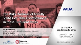 CONFIDENTIAL & PROPRIETARY
DR. ROBERT HILL
Assoc. Professor - Nova Southeastern University
DR. WILL AUSTIN
President - Warren County Community College
2016 AAUA
Leadership Seminar
June 10-11, 2016
San Antonio, TX
The Risky Business of Faculty
Votes of “No Confidence”
in these Turbulent Times
 