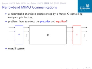 Overview PART I Basics PEVD Iter. Toolbox PART II MIMO AoA MVDR Material
Narrowband MIMO Communications
◮ a narrowband channel is characterised by a matrix C containing
complex gain factors;
◮ problem: how to select the precoder and equaliser?
C? ?...
...
...
...
◮ overall system;
31 / 74
 