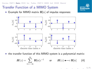 Overview PART I Basics PEVD Iter. Toolbox PART II MIMO AoA MVDR Material
Transfer Function of a MIMO System
◮ Example for MIMO matrix H[n] of impulse responses:
0 1 2 3 4
−0.5
0
0.5
1
h11[n]
0 1 2 3 4
−0.5
0
0.5
1
h12[n]0 1 2 3 4
−0.5
0
0.5
1
h21[n]
discrete time index n
0 1 2 3 4
−0.5
0
0.5
1
h22[n]
discrete time index n
◮ the transfer function of this MIMO system is a polynomial matrix:
H(z) =
∞
n=−∞
H[n]z−1
or H(z) •—◦ H[n] (4)
5 / 74
 