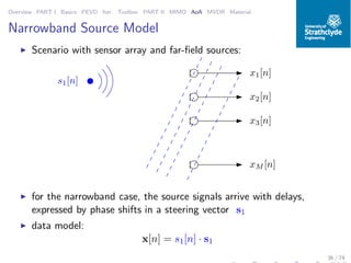 Overview PART I Basics PEVD Iter. Toolbox PART II MIMO AoA MVDR Material
Narrowband Source Model
◮ Scenario with sensor array and far-ﬁeld sources:
x1[n]
x2[n]
x3[n]
xM [n]
s1[n]
◮ for the narrowband case, the source signals arrive with delays,
expressed by phase shifts in a steering vector s1
◮ data model:
x[n] = s1[n] · s1
36 / 74
 
