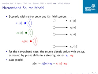 Overview PART I Basics PEVD Iter. Toolbox PART II MIMO AoA MVDR Material
Narrowband Source Model
◮ Scenario with sensor array and far-ﬁeld sources:
x1[n]
x2[n]
x3[n]
xM [n]
s1[n]
s2[n]
sR[n]
◮ for the narrowband case, the source signals arrive with delays,
expressed by phase shifts in a steering vector s1, s2
◮ data model:
x[n] = s1[n] · s1 + s1[n] · s2
36 / 74
 