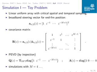 Overview PART I Basics PEVD Iter. Toolbox PART II MIMO AoA MVDR Material
Simulation I — Toy Problem
◮ Linear uniform array with critical spatial and temporal sampling;
◮ broadband steering vector for end-ﬁre position:
aπ/2(z) = [1 z−1
· · · z−M+1
]T
◮ covariance matrix
R(z) = aπ/2(z)˜aπ/2(z) =






1 z1 . . . zM−1
z−1 1
...
...
...
...
z−M+1 . . . . . . 1






.
◮ PEVD (by inspection)
Q(z) = TDFTdiag 1 z−1
· · · z−M+1
; Λ(z) = diag{1 0 · · · 0}
◮ simulations with M = 4 . . .
51 / 74
 