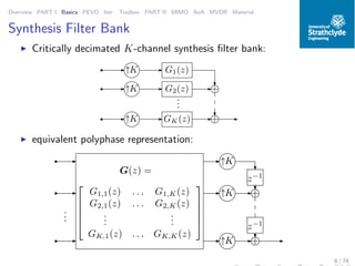 Overview PART I Basics PEVD Iter. Toolbox PART II MIMO AoA MVDR Material
Synthesis Filter Bank
◮ Critically decimated K-channel synthesis ﬁlter bank:
↑K
↑K
↑K
G1(z)
G2(z)
GK(z)
...
+
+
◮ equivalent polyphase representation:





G1,1(z) . . . G1,K(z)
G2,1(z) . . . G2,K(z)
...
...
GK,1(z) . . . GK,K(z)





G(z) =
...
+
+
z−1
z−1
↑K
↑K
↑K
8 / 74
 