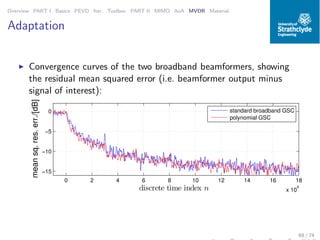 Overview PART I Basics PEVD Iter. Toolbox PART II MIMO AoA MVDR Material
Adaptation
◮ Convergence curves of the two broadband beamformers, showing
the residual mean squared error (i.e. beamformer output minus
signal of interest):
0 2 4 6 8 10 12 14 16 18
x 10
4
−15
−10
−5
0
meansq.res.err./[dB]
discrete time index n
standard broadband GSC
polynomial GSC
69 / 74
 