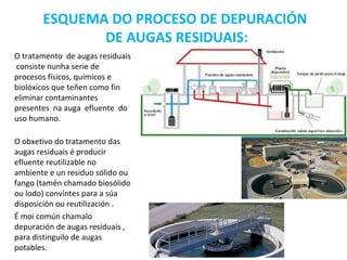 ESQUEMA DO PROCESO DE DEPURACIÓN
              DE AUGAS RESIDUAIS:
O tratamento de augas residuais
consiste nunha serie de
procesos físicos, químicos e
biolóxicos que teñen como fin
eliminar contaminantes
presentes na auga efluente do
uso humano.

O obxetivo do tratamento das
augas residuais é producir
efluente reutilizable no
ambiente e un residuo sólido ou
fango (tamén chamado biosólido
ou lodo) convintes para a súa
disposición ou reutilización .
É moi común chamalo
depuración de augas residuais ,
para distinguilo de augas
potables.
 