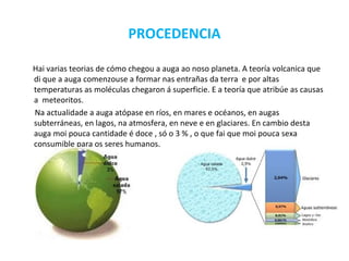 PROCEDENCIA

Hai varias teorias de cómo chegou a auga ao noso planeta. A teoría volcanica que
di que a auga comenzouse a formar nas entrañas da terra e por altas
temperaturas as moléculas chegaron á superficie. E a teoría que atribúe as causas
a meteoritos.
Na actualidade a auga atópase en ríos, en mares e océanos, en augas
subterráneas, en lagos, na atmosfera, en neve e en glaciares. En cambio desta
auga moi pouca cantidade é doce , só o 3 % , o que fai que moi pouca sexa
consumible para os seres humanos.
 