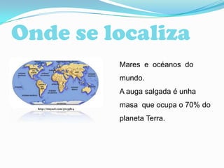 Onde se localiza
Mares e océanos do
mundo.
A auga salgada é unha
http://tinyurl.com/pw358v4

masa que ocupa o 70% do
planeta Terra.

 