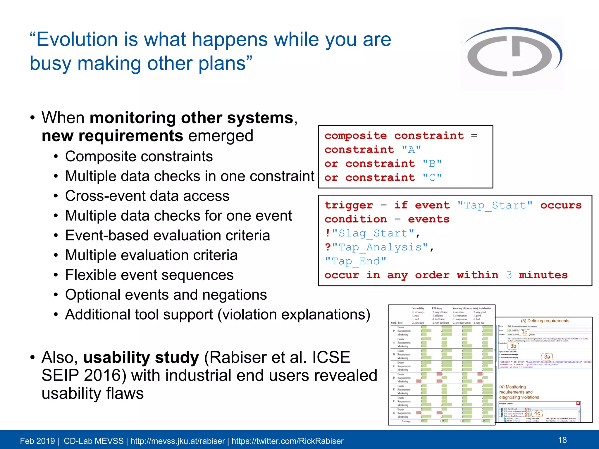 Feb 2019 | CD-Lab MEVSS | http://mevss.jku.at/rabiser | https://twitter.com/RickRabiser
“Evolution is what happens while you are
busy making other plans”
• When monitoring other systems,
new requirements emerged
• Composite constraints
• Multiple data checks in one constraint
• Cross-event data access
• Multiple data checks for one event
• Event-based evaluation criteria
• Multiple evaluation criteria
• Flexible event sequences
• Optional events and negations
• Additional tool support (violation explanations)
• Also, usability study (Rabiser et al. ICSE
SEIP 2016) with industrial end users revealed
usability flaws
18
composite constraint =
constraint "A"
or constraint "B"
or constraint "C"
trigger = if event "Tap_Start" occurs
condition = events
!"Slag_Start",
?"Tap_Analysis",
"Tap_End"
occur in any order within 3 minutes
 