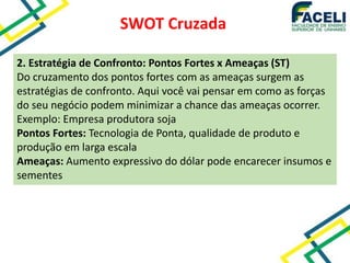 SWOT Cruzada
2. Estratégia de Confronto: Pontos Fortes x Ameaças (ST)
Do cruzamento dos pontos fortes com as ameaças surgem as
estratégias de confronto. Aqui você vai pensar em como as forças
do seu negócio podem minimizar a chance das ameaças ocorrer.
Exemplo: Empresa produtora soja
Pontos Fortes: Tecnologia de Ponta, qualidade de produto e
produção em larga escala
Ameaças: Aumento expressivo do dólar pode encarecer insumos e
sementes
 