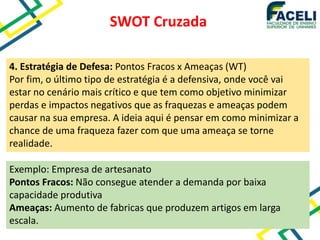 SWOT Cruzada
4. Estratégia de Defesa: Pontos Fracos x Ameaças (WT)
Por fim, o último tipo de estratégia é a defensiva, onde você vai
estar no cenário mais crítico e que tem como objetivo minimizar
perdas e impactos negativos que as fraquezas e ameaças podem
causar na sua empresa. A ideia aqui é pensar em como minimizar a
chance de uma fraqueza fazer com que uma ameaça se torne
realidade.
Exemplo: Empresa de artesanato
Pontos Fracos: Não consegue atender a demanda por baixa
capacidade produtiva
Ameaças: Aumento de fabricas que produzem artigos em larga
escala.
 