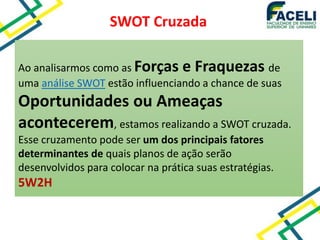 SWOT Cruzada
Ao analisarmos como as Forças e Fraquezas de
uma análise SWOT estão influenciando a chance de suas
Oportunidades ou Ameaças
acontecerem, estamos realizando a SWOT cruzada.
Esse cruzamento pode ser um dos principais fatores
determinantes de quais planos de ação serão
desenvolvidos para colocar na prática suas estratégias.
5W2H
 