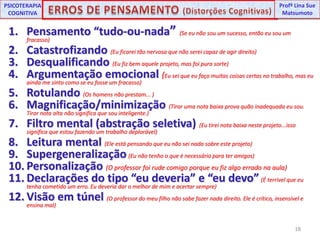 PSICOTERAPIA COGNITIVAUNIPProfª Lina SueProfªLina Sue MatsumotoERROS DE PENSAMENTO (Distorções Cognitivas)Pensamento “tudo-ou-nada”(Se eu não sou um sucesso, então eu sou um fracasso)Catastrofizando(Eu ficarei tão nervosa que não serei capaz de agir direito)Desqualificando (Eu fiz bem aquele projeto, mas foi pura sorte)Argumentação emocional (Eu sei que eu faço muitas coisas certas no trabalho, mas eu ainda me sinto como se eu fosse um fracasso)Rotulando (Os homens não prestam... )Magnificação/minimização (Tirar uma nota baixa prova quão inadequada eu sou. Tirar nota alta não significa que sou inteligente.)Filtro mental (abstração seletiva) (Eu tirei nota baixa neste projeto...isso significa que estou fazendo um trabalho deplorável)Leitura mental (Ele está pensando que eu não sei nada sobre este projeto)Supergeneralização(Eu não tenho o que é necessário para ter amigos)Personalização (O professor foi rude comigo porque eu fiz algo errado na aula)Declarações do tipo “eu deveria” e “eu devo”(É terrivel que eu tenha cometido um erro. Eu deveria dar o melhor de mim e acertar sempre)Visão em túnel (O professor do meu filho não sabe fazer nada direito. Ele é crítico, insensível e ensina mal)18