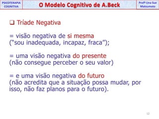 UNIPProfª Lina SuePSICOTERAPIA COGNITIVAO Modelo Cognitivo de A.BeckProfªLina Sue MatsumotoTríade Negativa= visão negativa de si mesma (“sou inadequada, incapaz, fraca”); = uma visão negativa do presente(não consegue perceber o seu valor) = e uma visão negativa do futuro (não acredita que a situação possa mudar, por isso, não faz planos para o futuro).12