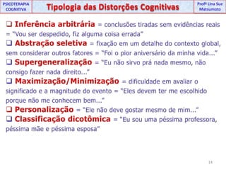 UNIPProfª Lina SuePSICOTERAPIA COGNITIVATipologia das Distorções CognitivasProfªLina Sue MatsumotoInferência arbitrária = conclusões tiradas sem evidências reais = “Vou ser despedido, fiz alguma coisa errada”
