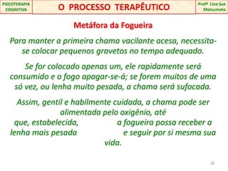 Metáfora da FogueiraPara manter a primeira chama vacilante acesa, necessita-se colocar pequenos gravetos no tempo adequado. Se for colocado apenas um, ele rapidamente será consumido e o fogo apagar-se-á; se forem muitos de uma só vez, ou lenha muito pesada, a chama será sufocada. Assim, gentil e habilmente cuidada, a chama pode ser alimentada pelo oxigênio, até que, estabelecida,                   a fogueira possa receber a lenha mais pesada                       e seguir por si mesma sua vida.18O  PROCESSO  TERAPÊUTICOProfªLina Sue Matsumoto PSICOTERAPIA COGNITIVA